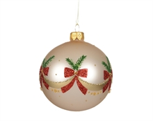 PALLINA DI NATALE IN VETRO GHIRLANDA E FIOCCO GLITTER PERLA 8CM