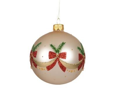 PALLINA DI NATALE IN VETRO GHIRLANDA E FIOCCO GLITTER PERLA 8CM