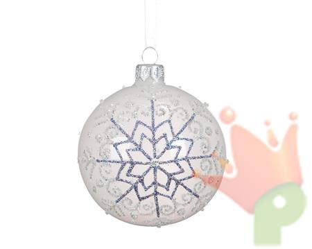 PALLINA DI NATALE IN VETRO CON FIOCCO DI NEVE GLITTER BIANCO 8CM