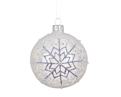 PALLINA DI NATALE IN VETRO CON FIOCCO DI NEVE GLITTER BIANCO 8CM