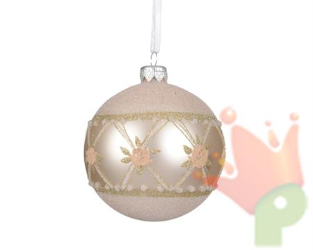 PALLINA DI NATALE IN VETRO CON ROSE E MOTIVI GLITTER PERLA 8CM