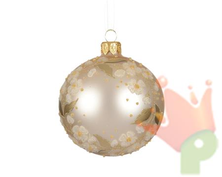 PALLINA DI NATALE IN VETRO CON FIORI E FOGLIE GLITTER PERLA 8CM