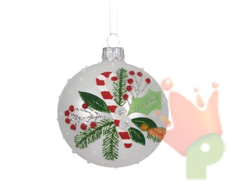 PALLINA DI NATALE IN VETRO CON CANDYCANE E AGRIFOGLIO BIANCO 8CM