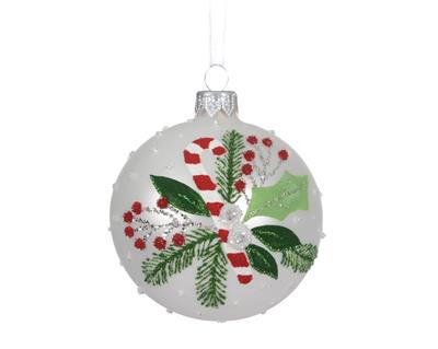 PALLINA DI NATALE IN VETRO CON CANDYCANE E AGRIFOGLIO BIANCO 8CM