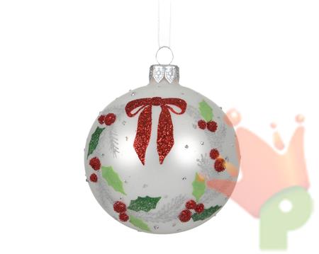 PALLINA DI NATALE IN VETRO CON FIOCCO E AGRIFOGLIO BIANCO 8CM