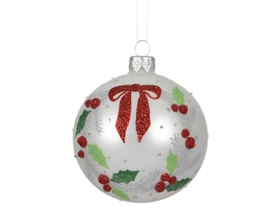 PALLINA DI NATALE IN VETRO CON FIOCCO E AGRIFOGLIO BIANCO 8CM
