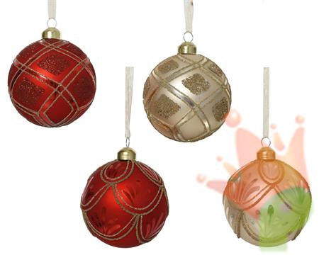 PALLINA DI NATALE IN VETRO CON PERLINE E GLITTER 8CM 4ASS