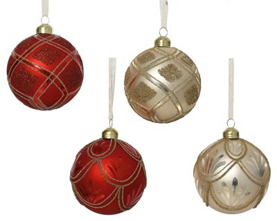 PALLINA DI NATALE IN VETRO CON PERLINE E GLITTER 8CM 4ASS