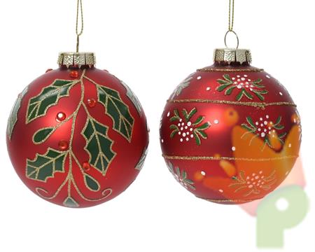 PALLINA DI NATALE IN VETRO CON RAMI E BACCHE 8CM 2ASS
