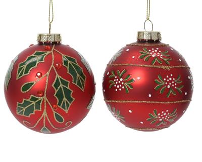 PALLINA DI NATALE IN VETRO CON RAMI E BACCHE 8CM 2ASS
