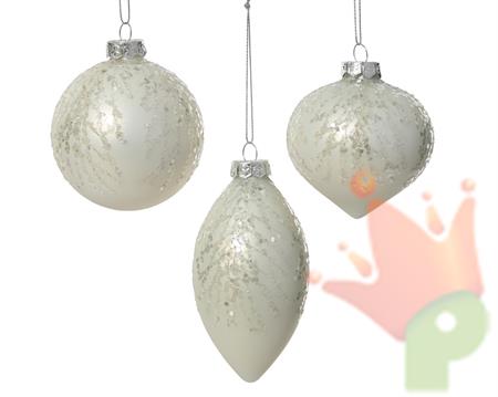 PALLINA DI NATALE IN VETRO BIANCO CON GLITTER ARGENTO 8CM 3ASS