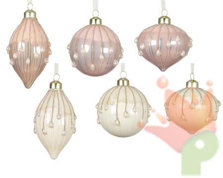 PALLINA DI NATALE IN VETRO DECORATE GLITTER E PERLINE 8CM 6ASS