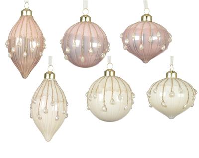 PALLINA DI NATALE IN VETRO DECORATE GLITTER E PERLINE 8CM 6ASS