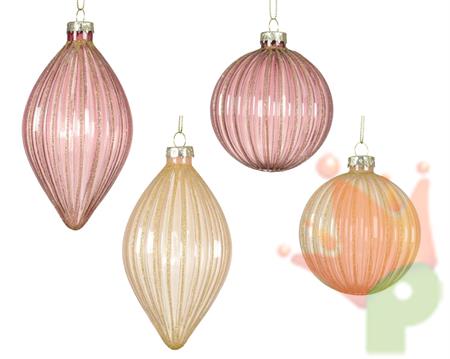 PALLINA DI NATALE IN VETRO TRASPARENTE E LINEE GLITTER 8CM 6ASS