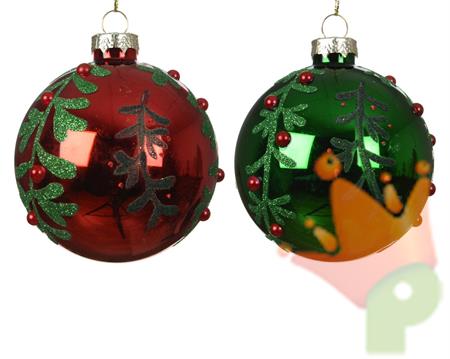 PALLINA DI NATALE IN VETRO CON AGRIFOGLIO E BACCHE 8CM 2ASS