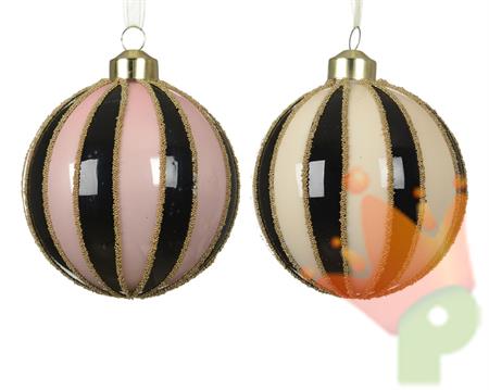 PALLINA DI NATALE IN VETRO CON LINEE DI PERLINE 8CM 2ASS