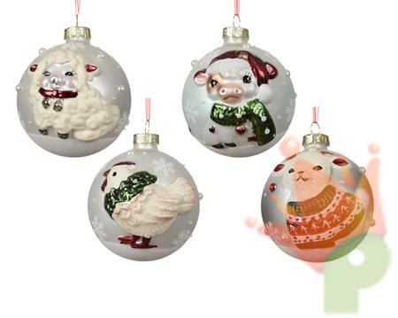 PALLINA DI NATALE IN VETRO CON ANIMALI NATALIZI 8CM 4ASS