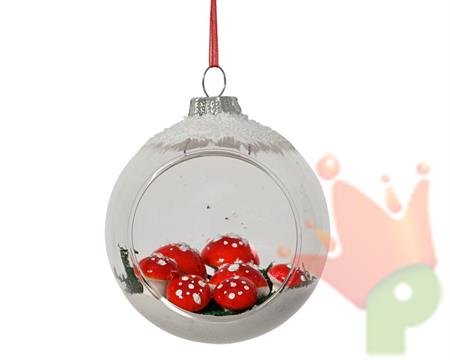 PALLINA DI NATALE IN VETRO TRASPARENTE CON FUNGHETTI E NEVE 8CM