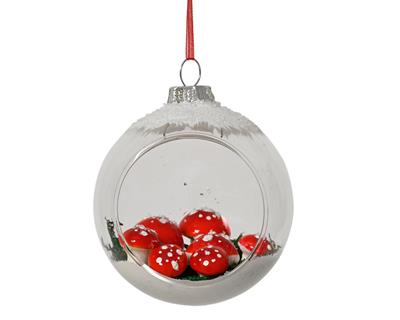 PALLINA DI NATALE IN VETRO TRASPARENTE CON FUNGHETTI E NEVE 8CM