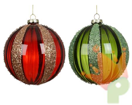 PALLINA DI NATALE IN VETRO TRASPARENTE CON LINEE GLITTER 8CM 2AS