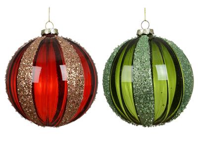 PALLINA DI NATALE IN VETRO TRASPARENTE CON LINEE GLITTER 8CM 2AS