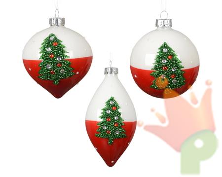 PALLINA DI NATALE IN VETRO CON ALBERO BIANCO/ROSSO 8CM 3ASS