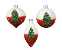 PALLINA DI NATALE IN VETRO CON ALBERO BIANCO/ROSSO 8CM 3ASS