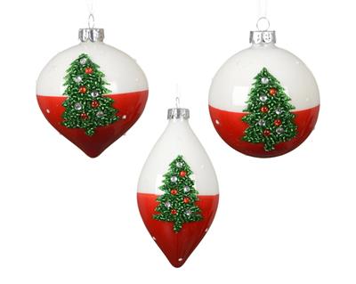 PALLINA DI NATALE IN VETRO CON ALBERO BIANCO/ROSSO 8CM 3ASS