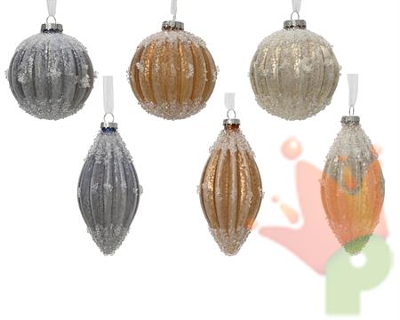 PALLINA DI NATALE IN VETRO CON PERLINE EFFETTO NEVE 8CM 6ASS