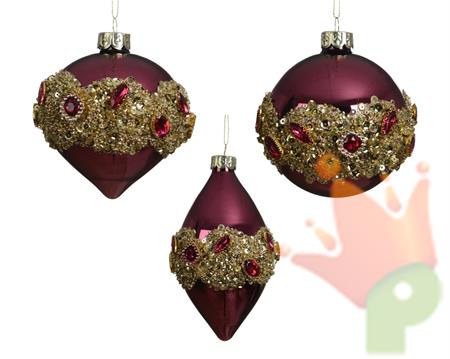 PALLINA DI NATALE IN VETRO OPACO BORDEAX CON PERLINE ORO 8CM 3AS