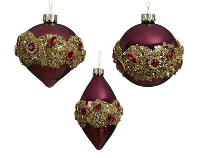 PALLINA DI NATALE IN VETRO OPACO BORDEAX CON PERLINE ORO 8CM 3AS
