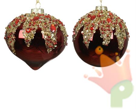 PALLINA DI NATALE IN VETRO ROSSO CON PERLINE E DIAMANTI 10CM 2AS