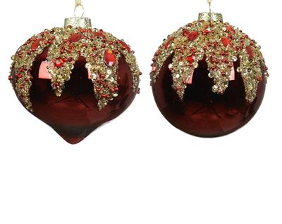 PALLINA DI NATALE IN VETRO ROSSO CON PERLINE E DIAMANTI 10CM 2AS