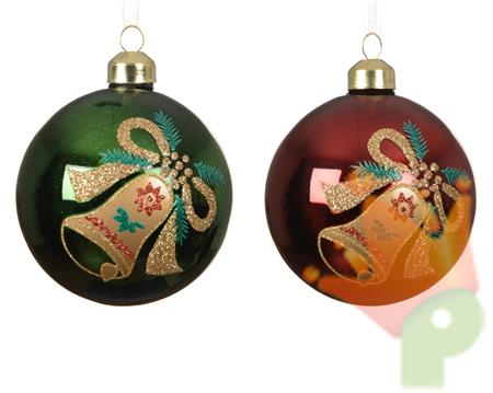PALLINA DI NATALE IN VETRO CON CAMPANELLE ORO GLITTER 8CM 2ASS