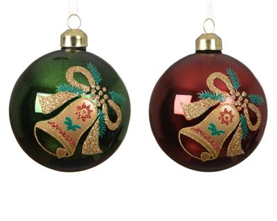 PALLINA DI NATALE IN VETRO CON CAMPANELLE ORO GLITTER 8CM 2ASS
