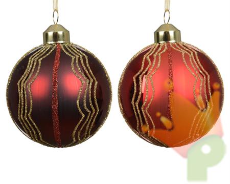 PALLINA DI NATALE IN VETRO ROSSO CON LINEE ORO GLITTER 8CM 2ASS