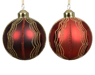 PALLINA DI NATALE IN VETRO ROSSO CON LINEE ORO GLITTER 8CM 2ASS