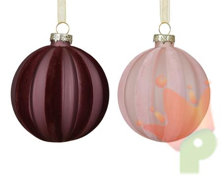 PALLINA DI NATALE IN VETRO OPACO E LINEE IN VELLUTO 8CM 2ASS