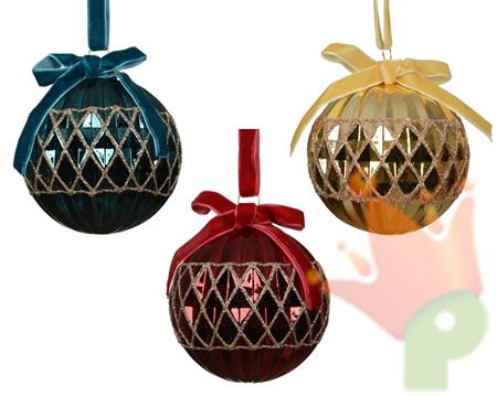 PALLINA DI NATALE IN VETRO CON FIOCCO E LINEE ORO 8CM 3ASS