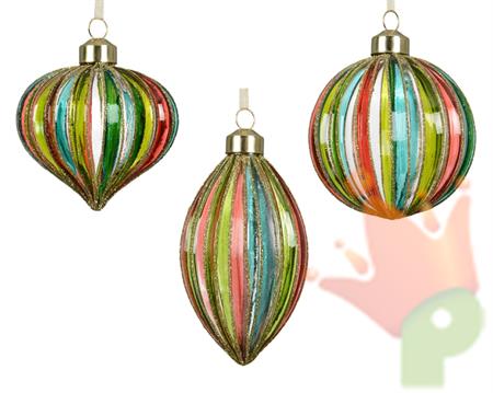 PALLINA DI NATALE IN VETRO CON LINEE MULTICOLOR 8CM 3ASS