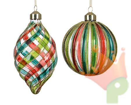 PALLINA DI NATALE IN VETRO TRASPARENTE LINEE MULTICOLOR 8CM 2ASS