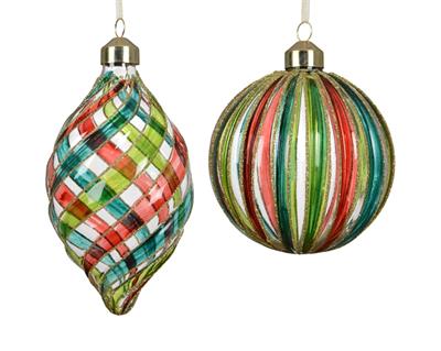 PALLINA DI NATALE IN VETRO TRASPARENTE LINEE MULTICOLOR 8CM 2ASS