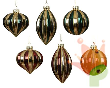 PALLINA DI NATALE IN VETRO CON LINEE LUCIDE ED OPACHE 8CM 3ASS