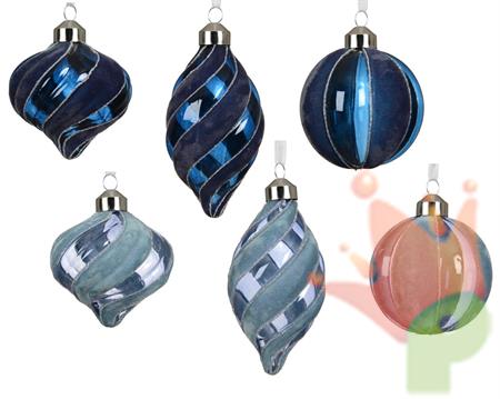 PALLINA DI NATALE IN VETRO TRASPARENTE OPACO VELLUTO BLU 8CM 6AS