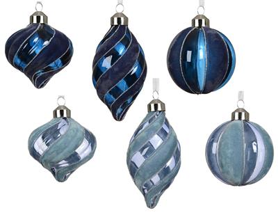 PALLINA DI NATALE IN VETRO TRASPARENTE OPACO VELLUTO BLU 8CM 6AS