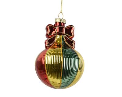 PENDENTE DI NATALE IN VETRO CON FIOCCO MULTICOLOR 11,5CM