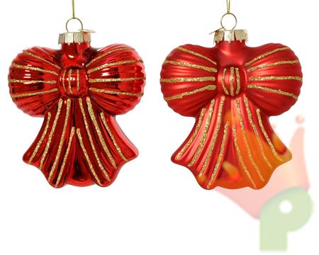 PENDENTE IN VETRO FIOCCO ROSSO CON RIFINITURE ORO 10CM 2ASS