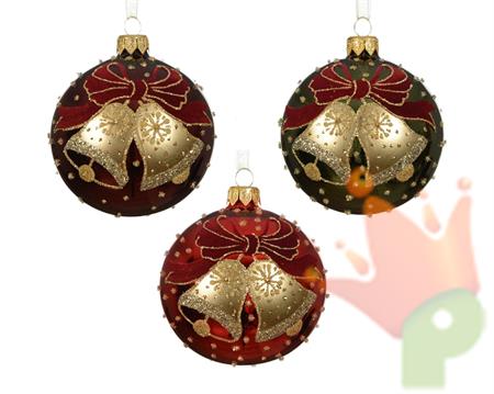 PALLINA DI NATALE IN VETRO CON CAMPANELLE GLITTERATE 10CM 3ASS