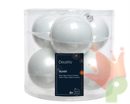PALLINE DI NATALE IN VETRO BIANCO LUCIDE/OPACHE 8CM 6PZ
