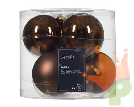 PALLINE DI NATALE IN VETRO CAFFE' LUCIDE/OPACHE 8CM 6PZ